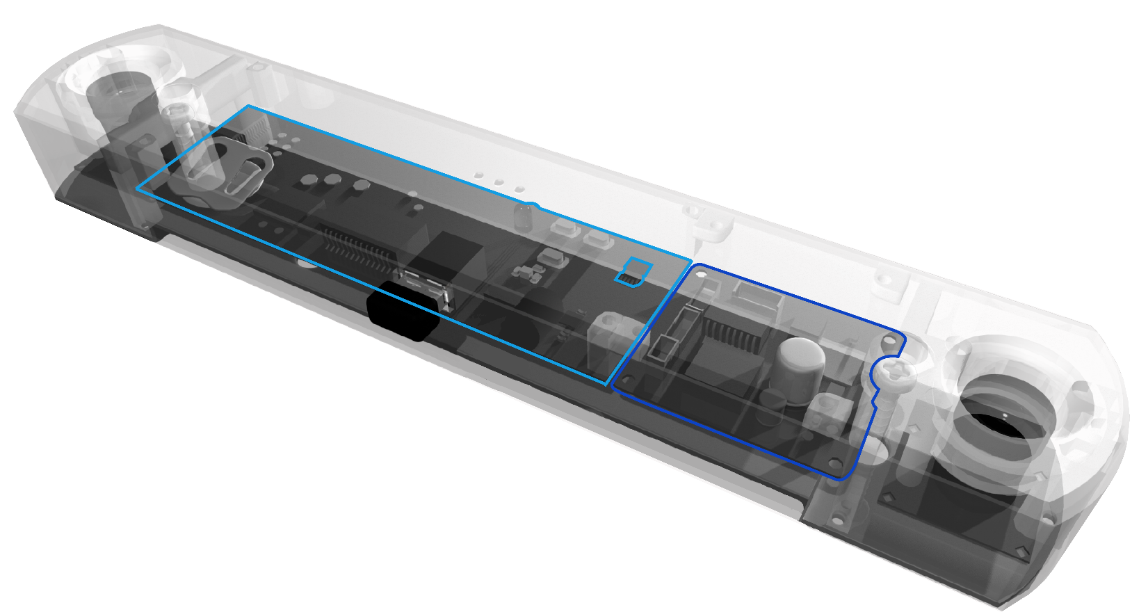 Cutaway of the AI 3D APC automated passenger counter showing the internal processing board inside the sealed housing