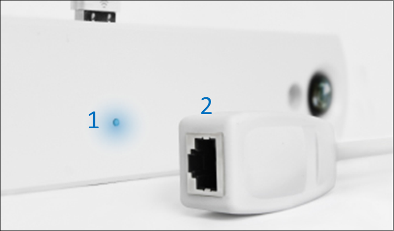 Connector end of the automated passenger counter showing the PoE network port and status indicator