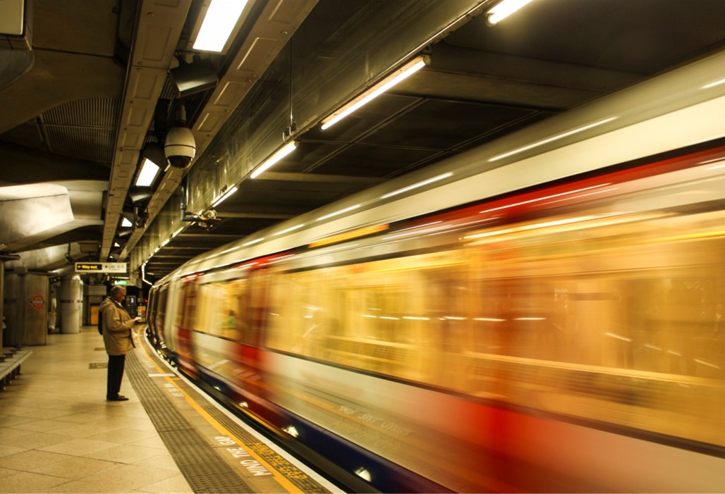 Underground train moving through a tunnel