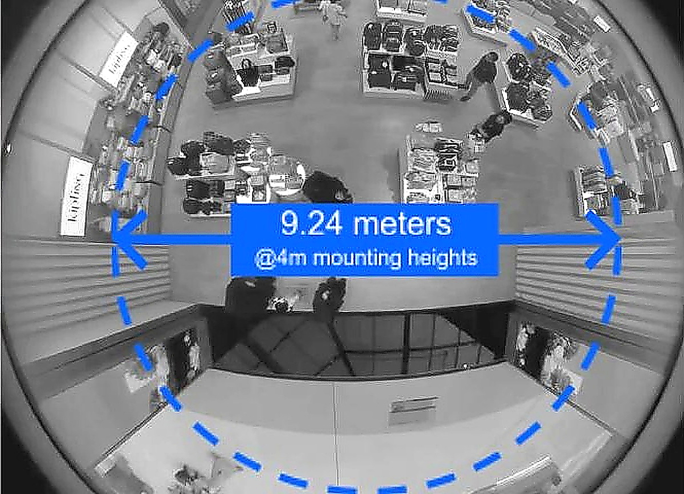 Top-down fisheye view showing 9.24m sensor coverage at 4m mounting height