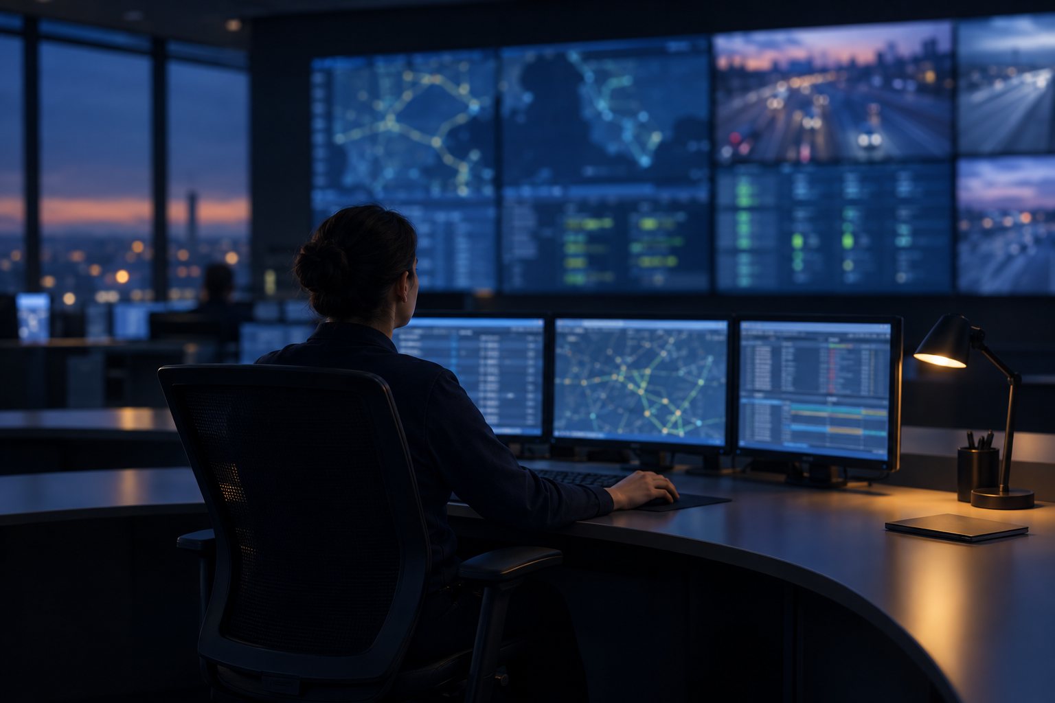 Operator monitoring transport dashboards in a control room